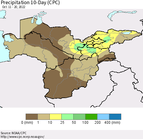 Central Asia Precipitation 10-Day (CPC) Thematic Map For 10/11/2022 - 10/20/2022