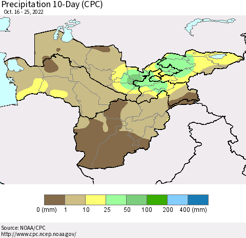 Central Asia Precipitation 10-Day (CPC) Thematic Map For 10/16/2022 - 10/25/2022