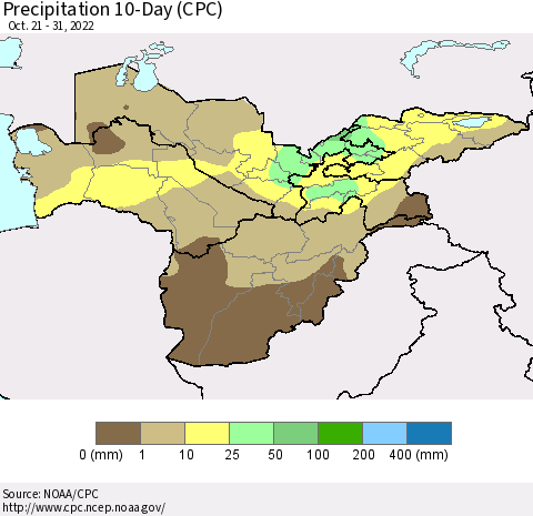 Central Asia Precipitation 10-Day (CPC) Thematic Map For 10/21/2022 - 10/31/2022