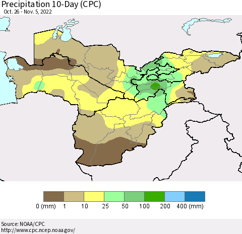 Central Asia Precipitation 10-Day (CPC) Thematic Map For 10/26/2022 - 11/5/2022