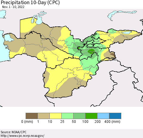 Central Asia Precipitation 10-Day (CPC) Thematic Map For 11/1/2022 - 11/10/2022