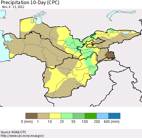 Central Asia Precipitation 10-Day (CPC) Thematic Map For 11/6/2022 - 11/15/2022