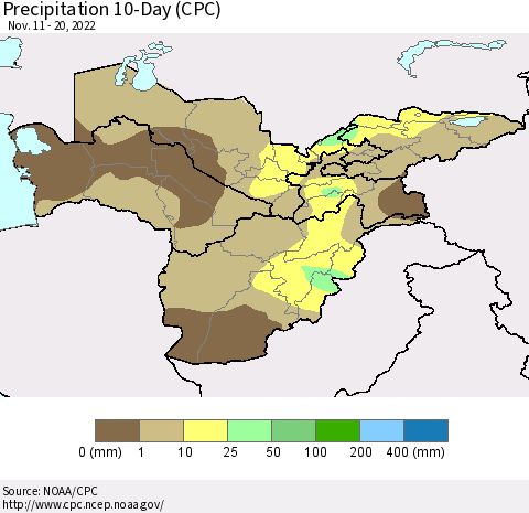 Central Asia Precipitation 10-Day (CPC) Thematic Map For 11/11/2022 - 11/20/2022