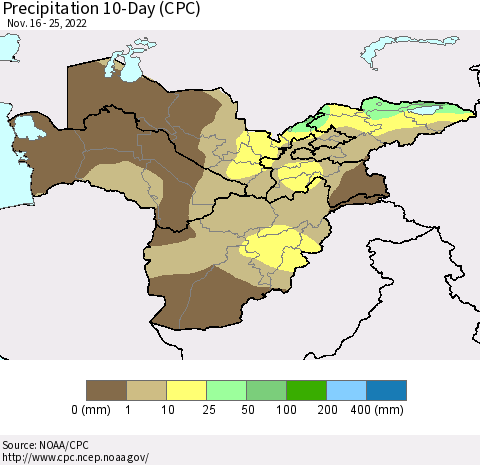 Central Asia Precipitation 10-Day (CPC) Thematic Map For 11/16/2022 - 11/25/2022