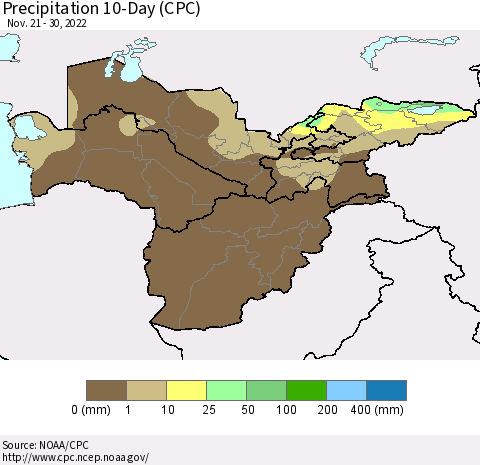 Central Asia Precipitation 10-Day (CPC) Thematic Map For 11/21/2022 - 11/30/2022