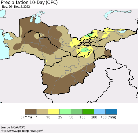 Central Asia Precipitation 10-Day (CPC) Thematic Map For 11/26/2022 - 12/5/2022