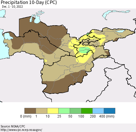 Central Asia Precipitation 10-Day (CPC) Thematic Map For 12/1/2022 - 12/10/2022