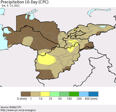 Central Asia Precipitation 10-Day (CPC) Thematic Map For 12/6/2022 - 12/15/2022