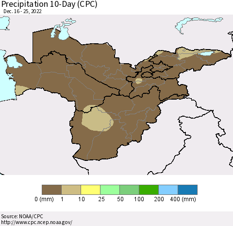 Central Asia Precipitation 10-Day (CPC) Thematic Map For 12/16/2022 - 12/25/2022