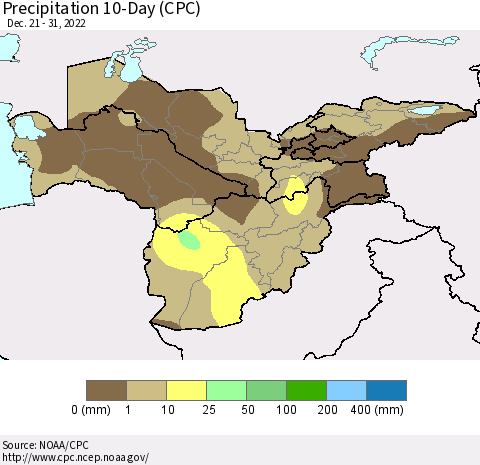 Central Asia Precipitation 10-Day (CPC) Thematic Map For 12/21/2022 - 12/31/2022