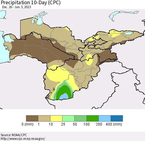 Central Asia Precipitation 10-Day (CPC) Thematic Map For 12/26/2022 - 1/5/2023
