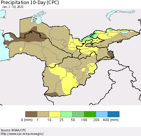 Central Asia Precipitation 10-Day (CPC) Thematic Map For 1/1/2023 - 1/10/2023