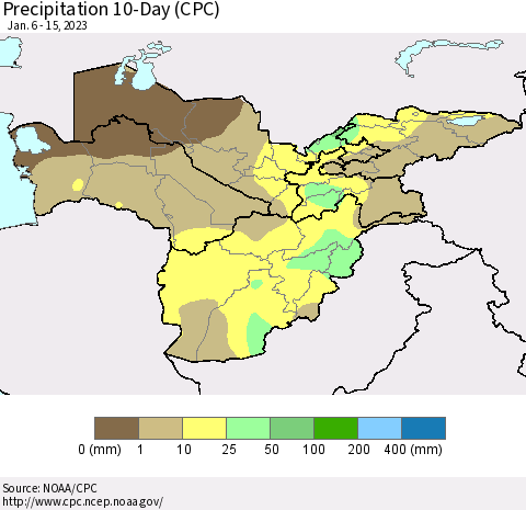 Central Asia Precipitation 10-Day (CPC) Thematic Map For 1/6/2023 - 1/15/2023
