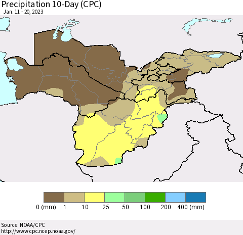 Central Asia Precipitation 10-Day (CPC) Thematic Map For 1/11/2023 - 1/20/2023