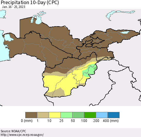 Central Asia Precipitation 10-Day (CPC) Thematic Map For 1/16/2023 - 1/25/2023