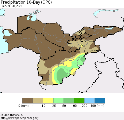 Central Asia Precipitation 10-Day (CPC) Thematic Map For 1/21/2023 - 1/31/2023
