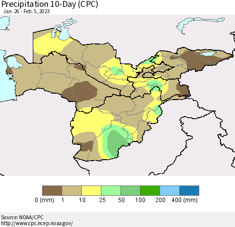 Central Asia Precipitation 10-Day (CPC) Thematic Map For 1/26/2023 - 2/5/2023