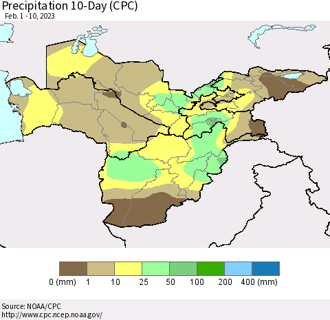 Central Asia Precipitation 10-Day (CPC) Thematic Map For 2/1/2023 - 2/10/2023