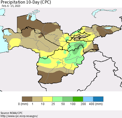 Central Asia Precipitation 10-Day (CPC) Thematic Map For 2/6/2023 - 2/15/2023
