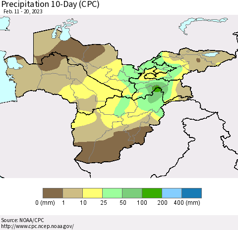 Central Asia Precipitation 10-Day (CPC) Thematic Map For 2/11/2023 - 2/20/2023