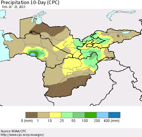 Central Asia Precipitation 10-Day (CPC) Thematic Map For 2/16/2023 - 2/25/2023
