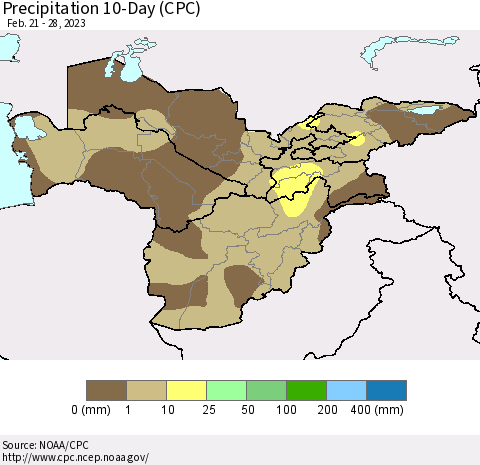 Central Asia Precipitation 10-Day (CPC) Thematic Map For 2/21/2023 - 2/28/2023