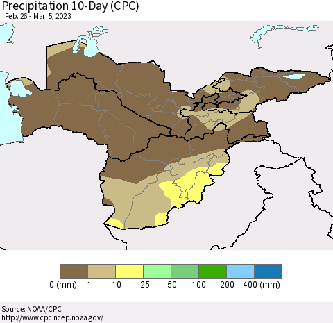 Central Asia Precipitation 10-Day (CPC) Thematic Map For 2/26/2023 - 3/5/2023