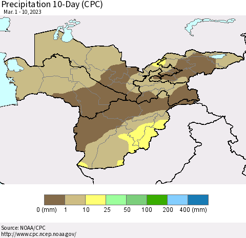 Central Asia Precipitation 10-Day (CPC) Thematic Map For 3/1/2023 - 3/10/2023