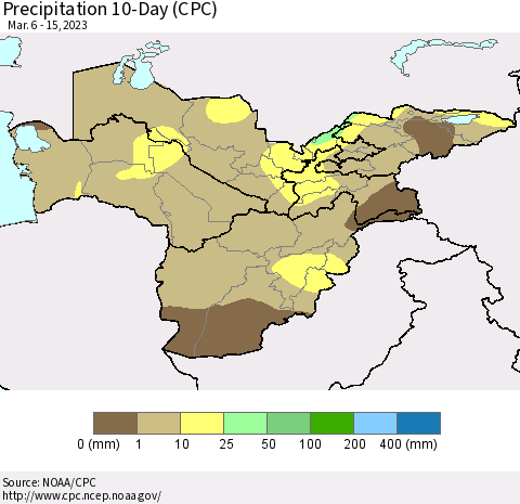 Central Asia Precipitation 10-Day (CPC) Thematic Map For 3/6/2023 - 3/15/2023