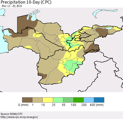 Central Asia Precipitation 10-Day (CPC) Thematic Map For 3/11/2023 - 3/20/2023