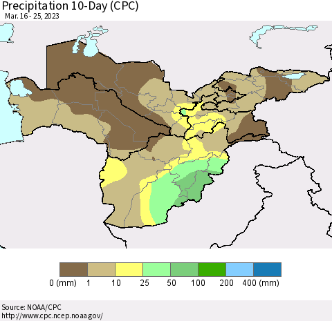 Central Asia Precipitation 10-Day (CPC) Thematic Map For 3/16/2023 - 3/25/2023