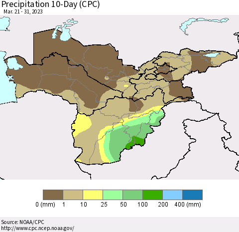 Central Asia Precipitation 10-Day (CPC) Thematic Map For 3/21/2023 - 3/31/2023