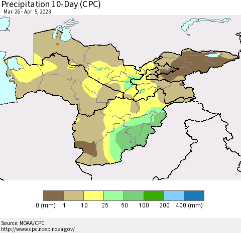 Central Asia Precipitation 10-Day (CPC) Thematic Map For 3/26/2023 - 4/5/2023