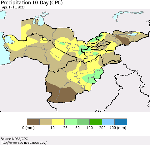 Central Asia Precipitation 10-Day (CPC) Thematic Map For 4/1/2023 - 4/10/2023