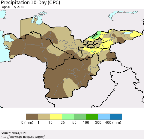 Central Asia Precipitation 10-Day (CPC) Thematic Map For 4/6/2023 - 4/15/2023