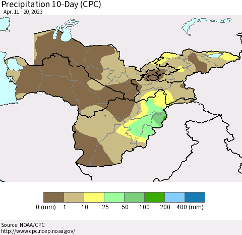 Central Asia Precipitation 10-Day (CPC) Thematic Map For 4/11/2023 - 4/20/2023