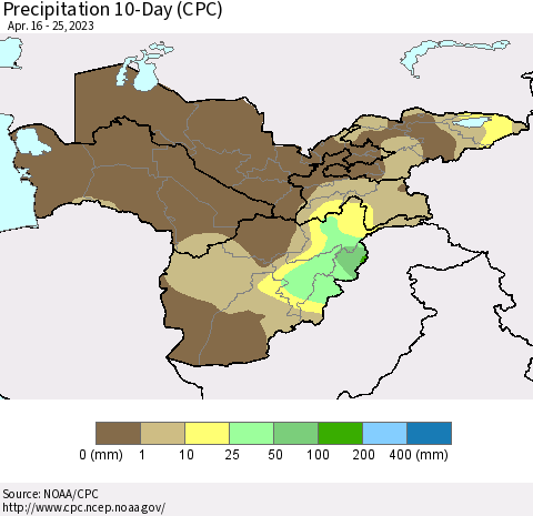 Central Asia Precipitation 10-Day (CPC) Thematic Map For 4/16/2023 - 4/25/2023