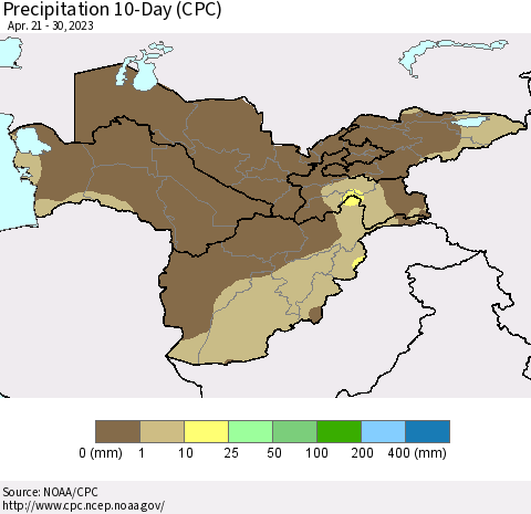 Central Asia Precipitation 10-Day (CPC) Thematic Map For 4/21/2023 - 4/30/2023