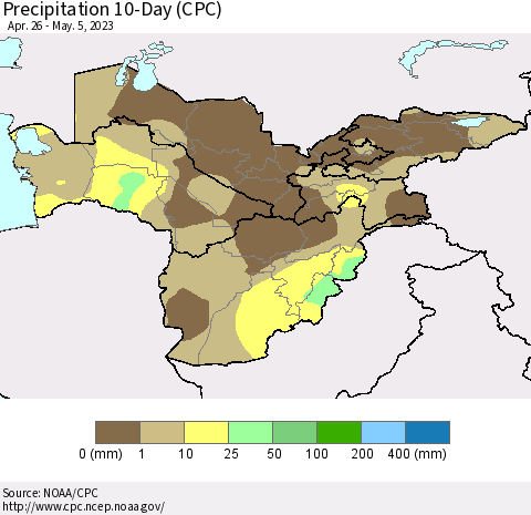 Central Asia Precipitation 10-Day (CPC) Thematic Map For 4/26/2023 - 5/5/2023