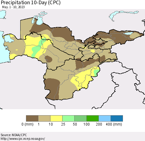 Central Asia Precipitation 10-Day (CPC) Thematic Map For 5/1/2023 - 5/10/2023