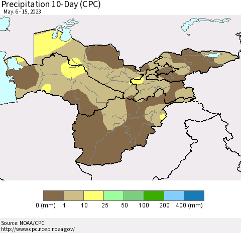Central Asia Precipitation 10-Day (CPC) Thematic Map For 5/6/2023 - 5/15/2023