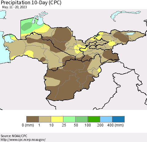 Central Asia Precipitation 10-Day (CPC) Thematic Map For 5/11/2023 - 5/20/2023