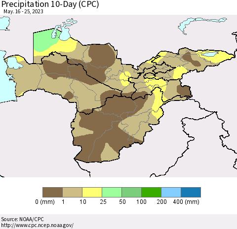 Central Asia Precipitation 10-Day (CPC) Thematic Map For 5/16/2023 - 5/25/2023