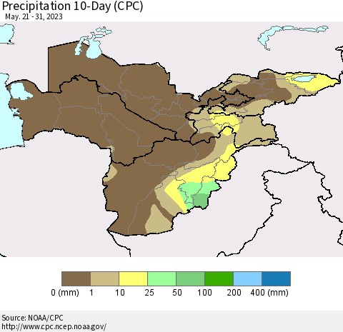 Central Asia Precipitation 10-Day (CPC) Thematic Map For 5/21/2023 - 5/31/2023