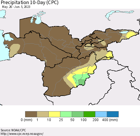 Central Asia Precipitation 10-Day (CPC) Thematic Map For 5/26/2023 - 6/5/2023