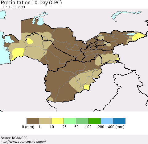 Central Asia Precipitation 10-Day (CPC) Thematic Map For 6/1/2023 - 6/10/2023