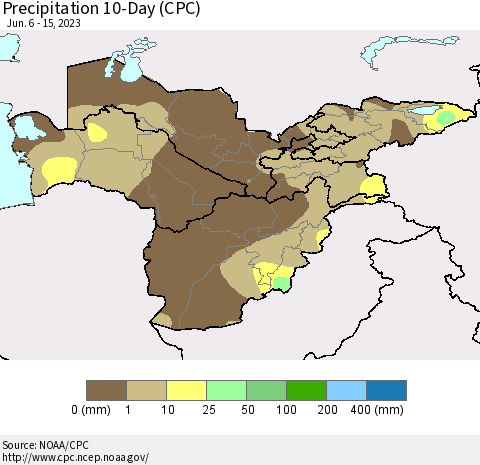 Central Asia Precipitation 10-Day (CPC) Thematic Map For 6/6/2023 - 6/15/2023