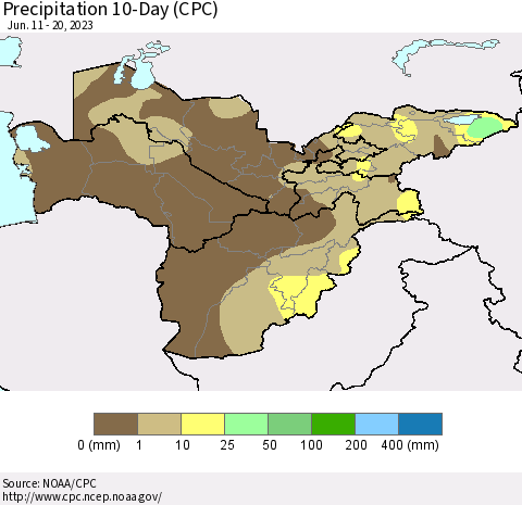 Central Asia Precipitation 10-Day (CPC) Thematic Map For 6/11/2023 - 6/20/2023