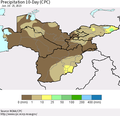 Central Asia Precipitation 10-Day (CPC) Thematic Map For 6/16/2023 - 6/25/2023