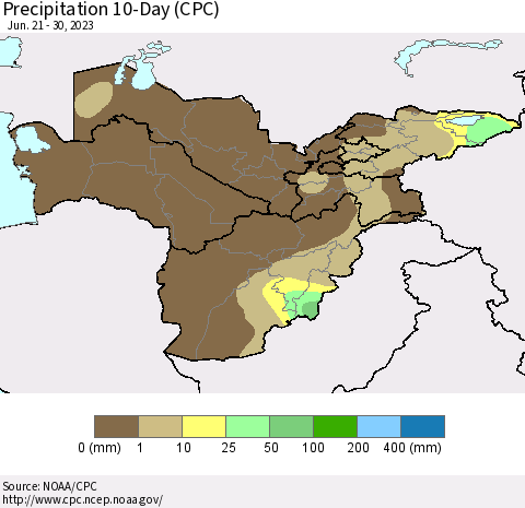 Central Asia Precipitation 10-Day (CPC) Thematic Map For 6/21/2023 - 6/30/2023